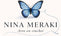 Blue butterfly with 'Nina Meraki' text on a white background